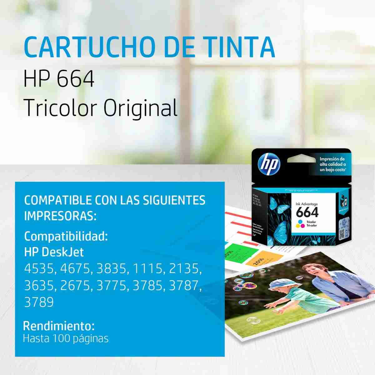 Cartucho de tinta HP 664 Tricolor (F6V28AL) DeskJet 1115, 2135, 4535, 4675 100 Pag.
